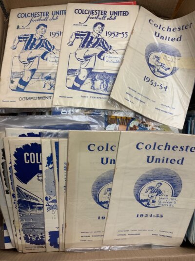 Essex + Kent Football Programmes: Home programmes of Southend Colchester and Gillingham starting off with a one per club per season collection but with many more added over the years. Instructions to sell. (Quantity in box)