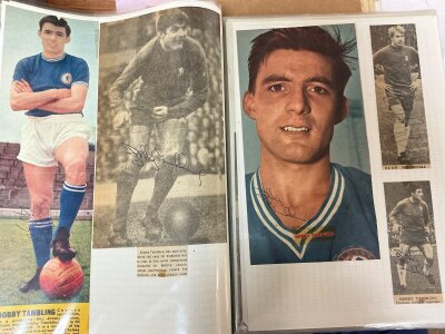 Football Autograph Collection: Nice collection of magazine pictures from the 60s onwards cut from various publications in all different sizes. Most clubs are covered and they are neatly presented although often stuck down to lined paper. Some great names include Alan Ball Ray Wilson and David Webb amongst hundreds of autographs. (3 folders)