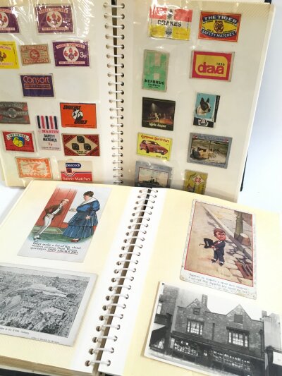 A good collection of vintage postcards, matchbox covers, an album of black and white train spotting photographs, an album of signed photographs of 50s film stars, royal family photographs.