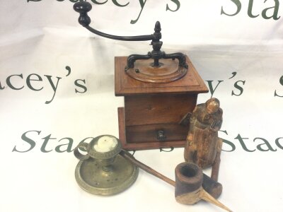 A vintage coffee grinder , 19th century Austrian figure, two pipes, candle holder NO RESERVE
