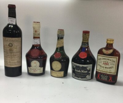 5 bottles of alcohol featuring: Irish mist, Dublin whiskey, D.O.M liquor, Benedictine liquor, chateau capon-segue 1955.