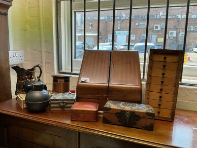 A Victorian mahogany writing box together with a selection of small boxes etc..