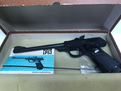 A Walther air pistol Model LP Mod 53, 4.5 (.177) calibre. Boxed with booklet