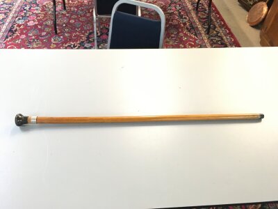 A malacca silver band locking malakite sword stick. (Blade 24cm long) 88cm long