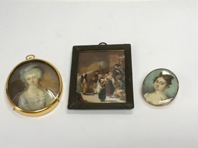 Two small 18th Century portrait miniatures and one smaller Continental plaque (3).