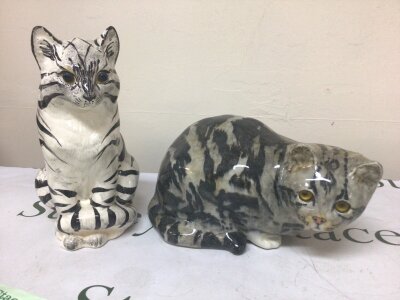 A Winstanley ceramic tabby cat 28cm x18cm   and a hand painted Welsh ceramic cat ornament (2)