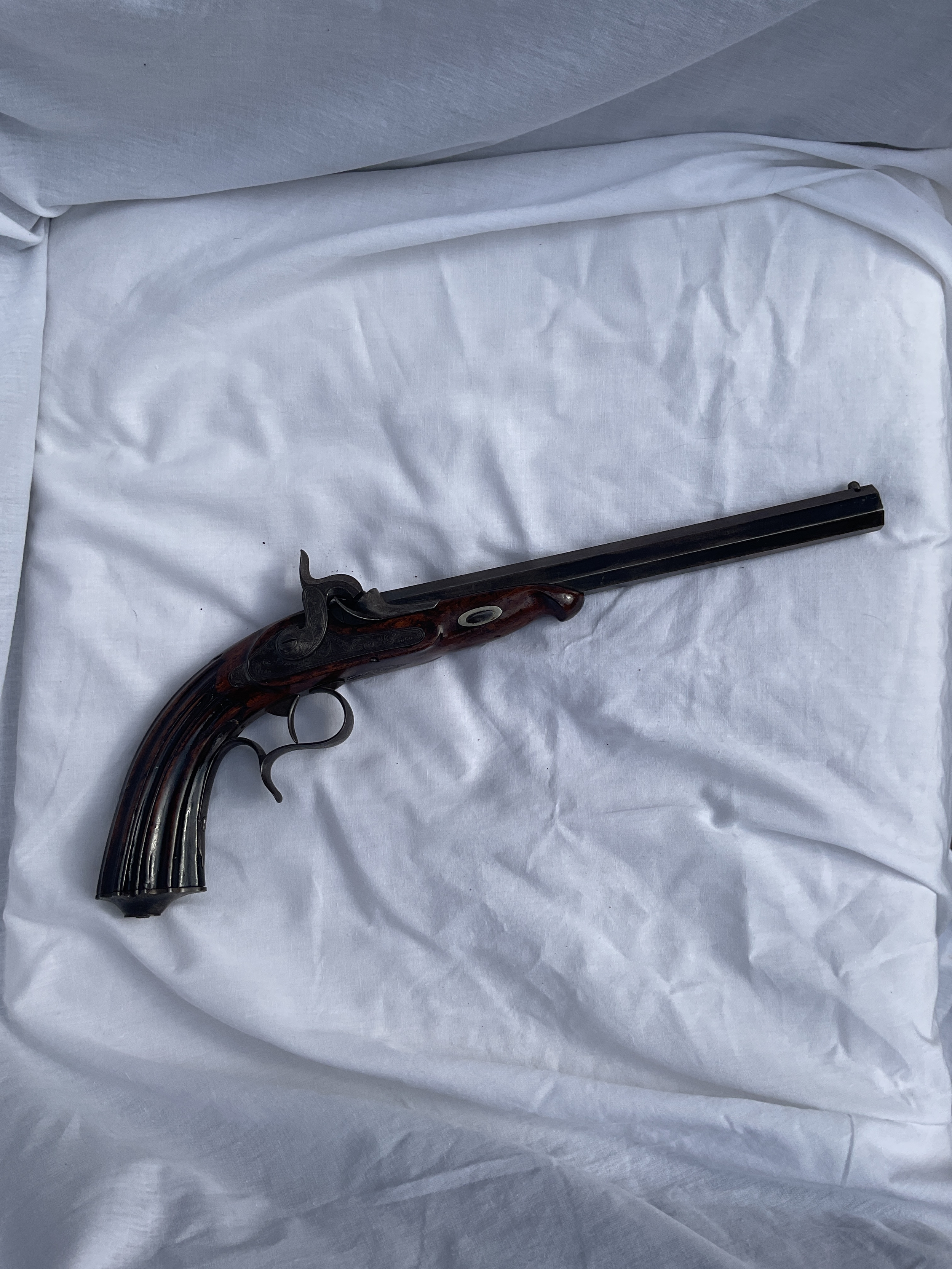 19th c percussion target pistol, large rifled calibre.