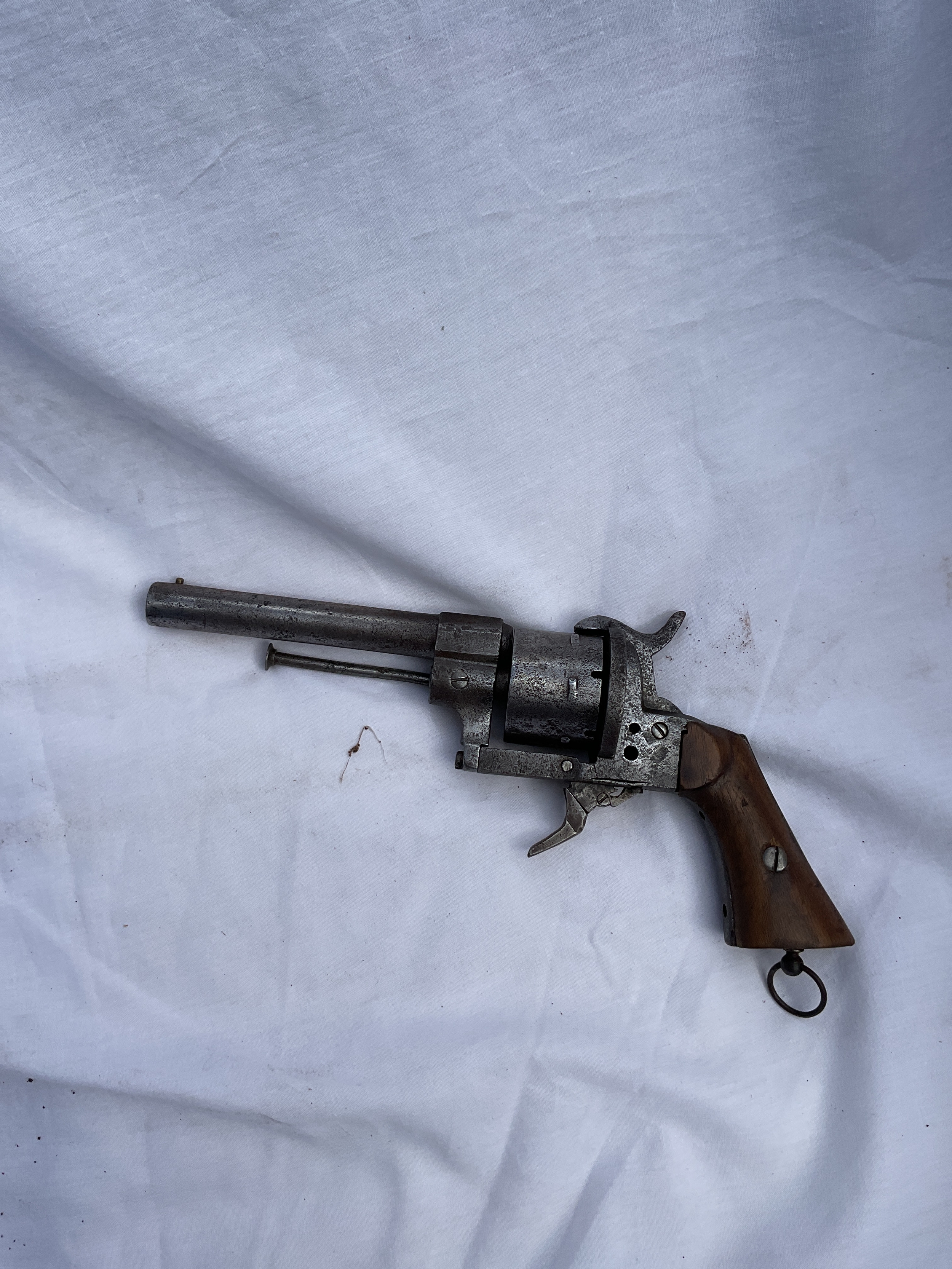 Large calibre six shot pin fire revolver.