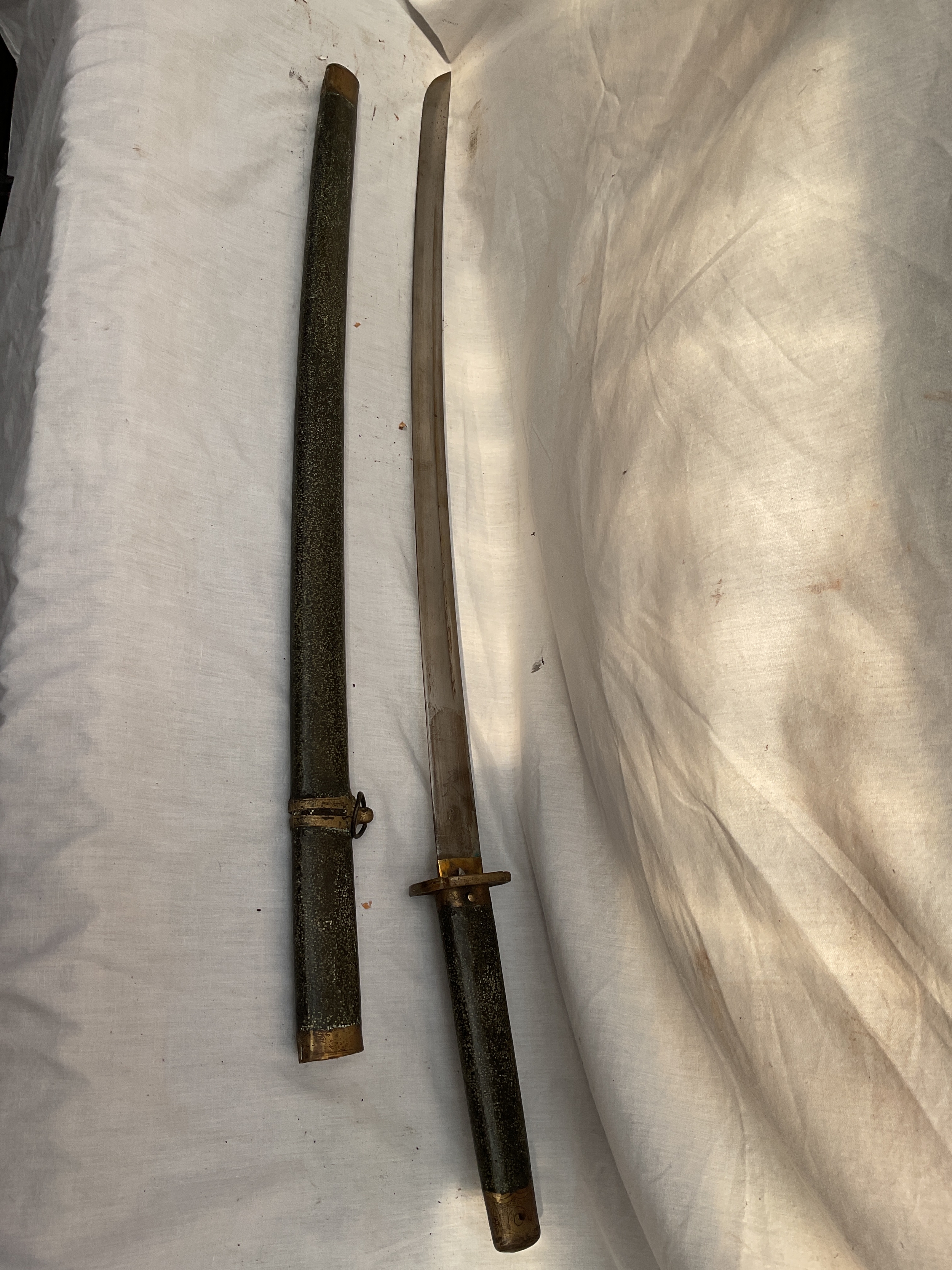 Shin Gunto Katana, with acid etched blade and faux chagrin handle and sheath.