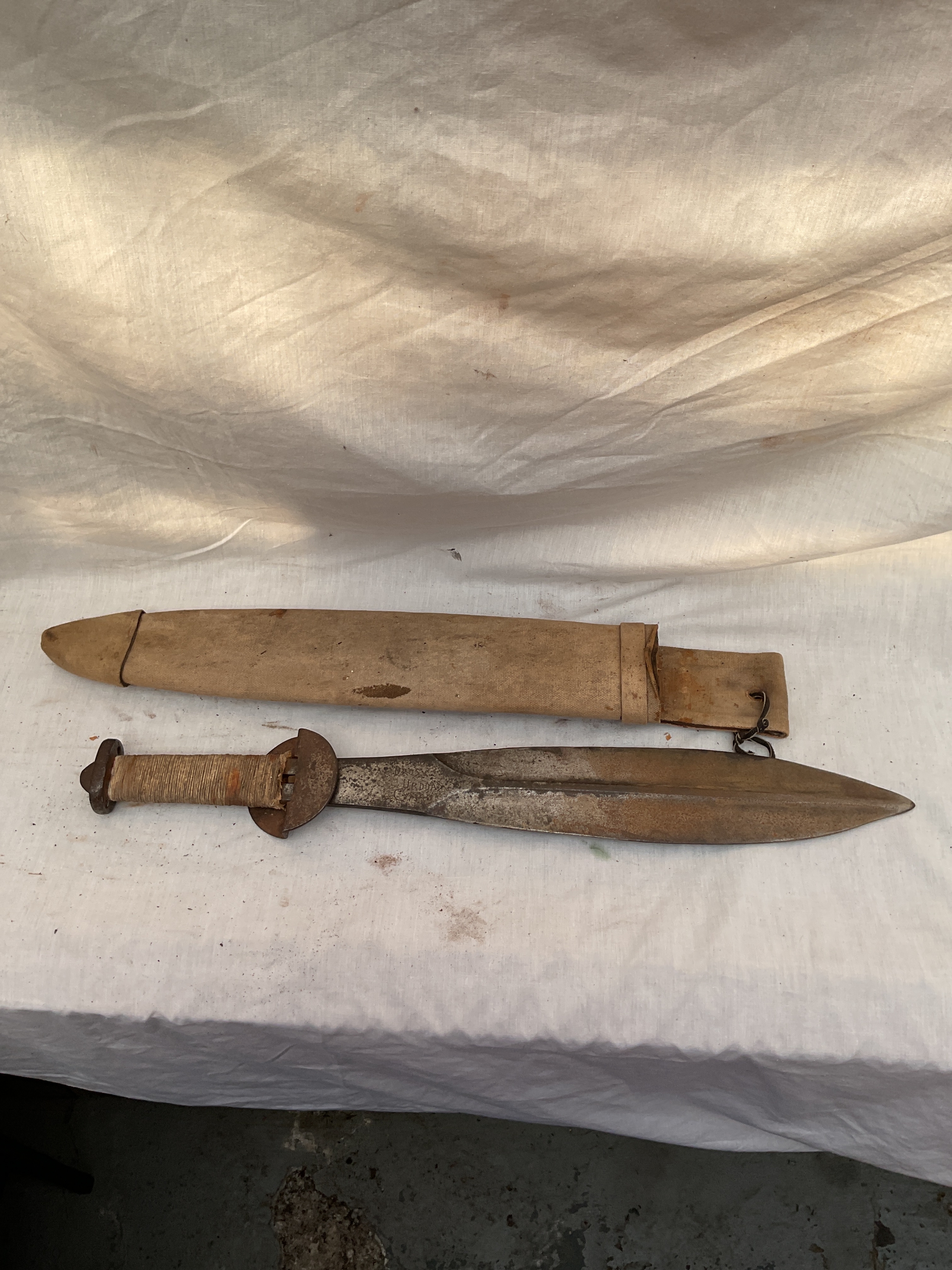 Ultra rare WWI Welsh fighting knife blade engraved DROS URDDAS CYMRU which translates as "for the honour of Wales" beneath is a JO monogram which is for Felix Joubert, these were issued to the 9th Battallion Royal West Fusiliers, exceptionally rare.