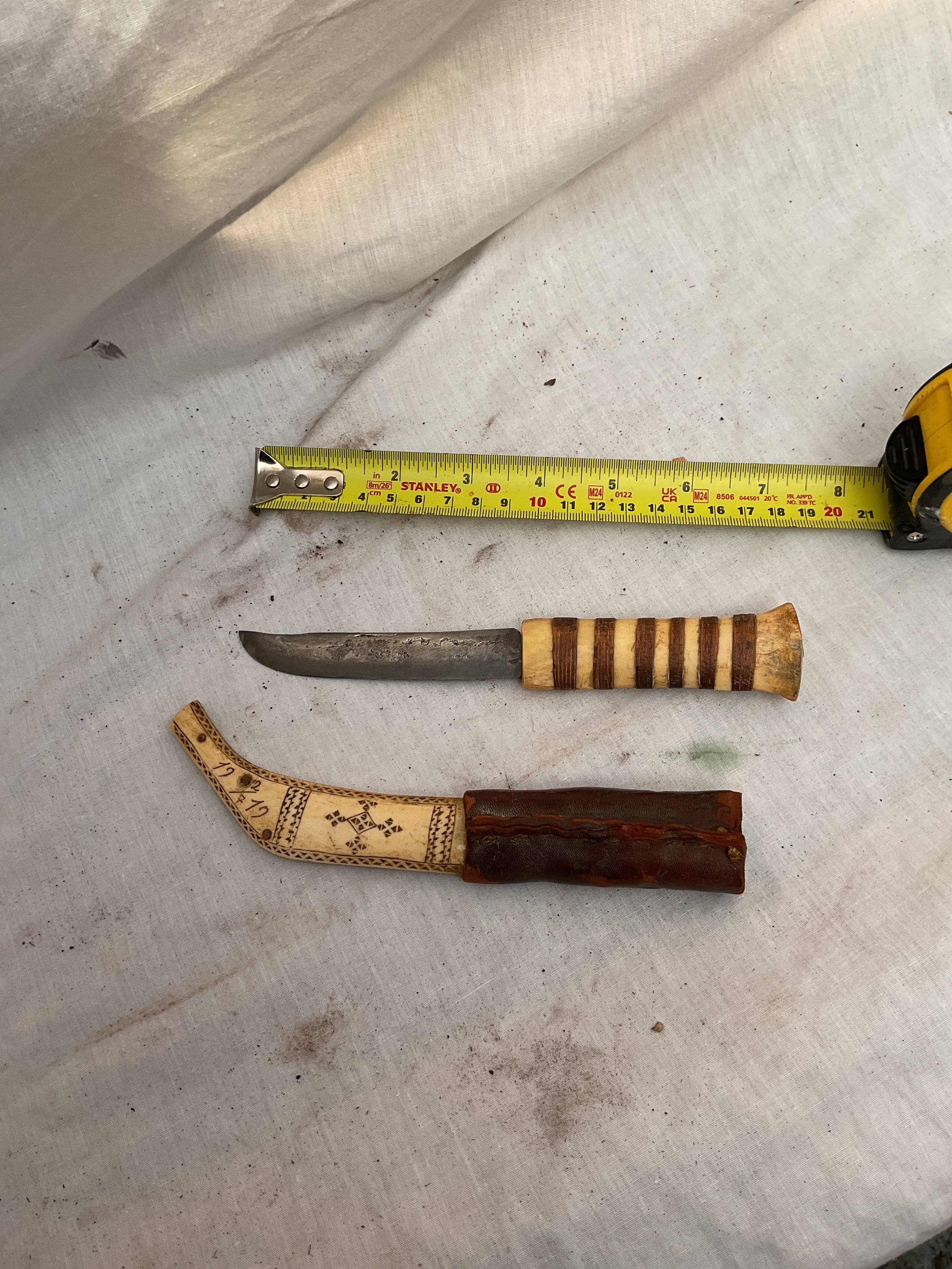 1919 bone Scandinavian skinning knife hand forged blade very sharp, dated to the sheath.