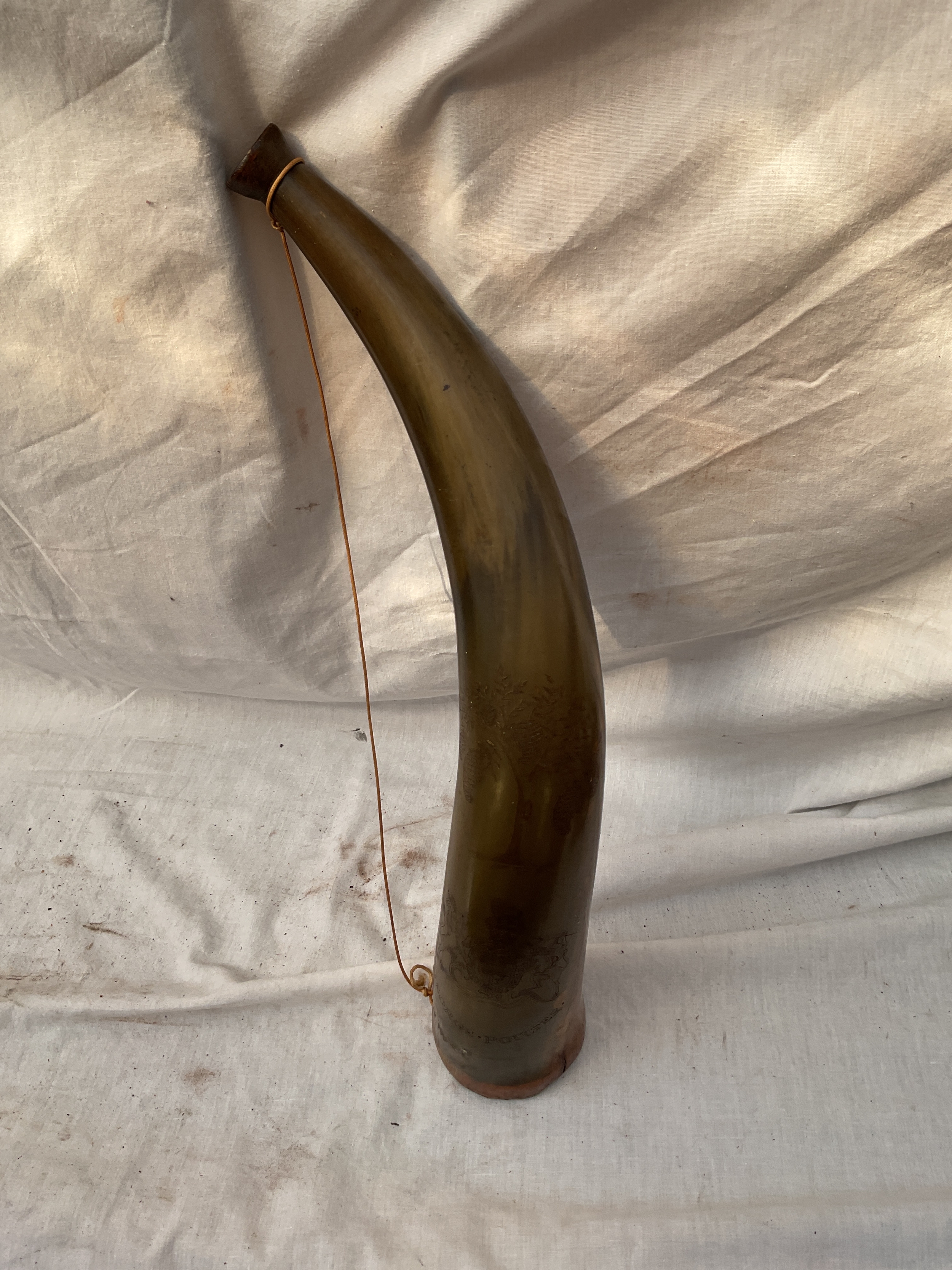 Large Georgian era powder horn possibly for artillery. Beautifully engraved with a Royal armorial beneath a flowering tree and the name George Poulter, same initials carved to the base .