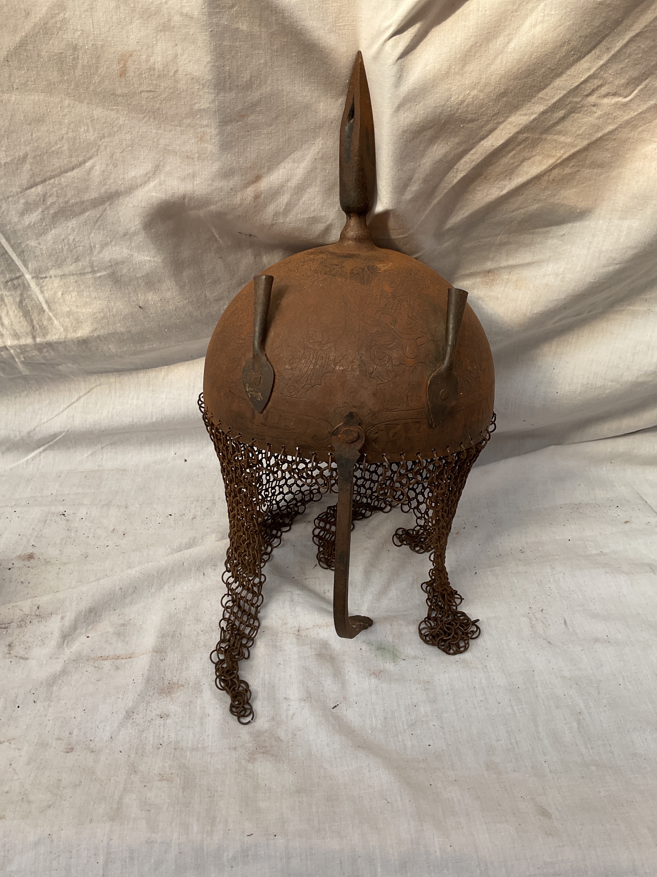 18/19th c Khula Khud helmet, with chain mail to sides and neck and ornate carving to the outer.
