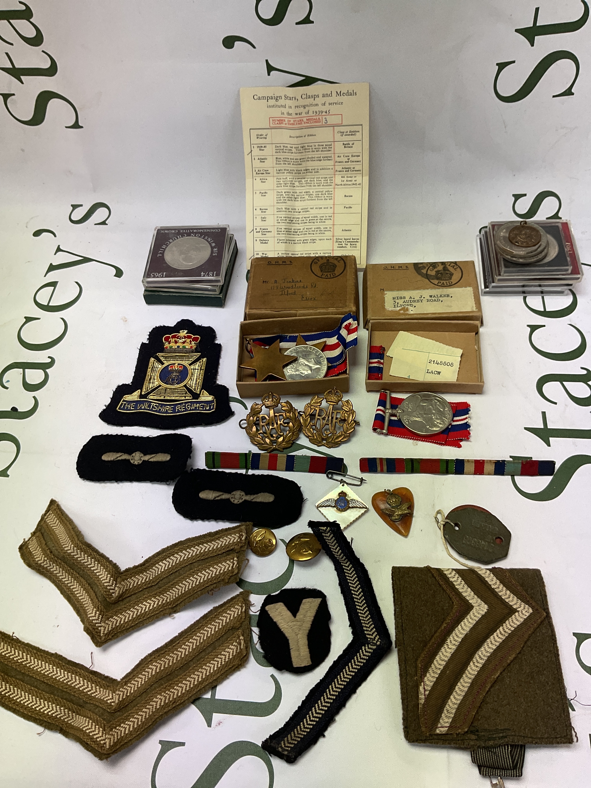 WWII Medal boxed sets to include, Land Army issue,BWM Boxed, along with its boxed 39-45, F&G, and BWM, dog tags, buttons, insignia, bars, two RAFsweetheart brooches and cased crowns.