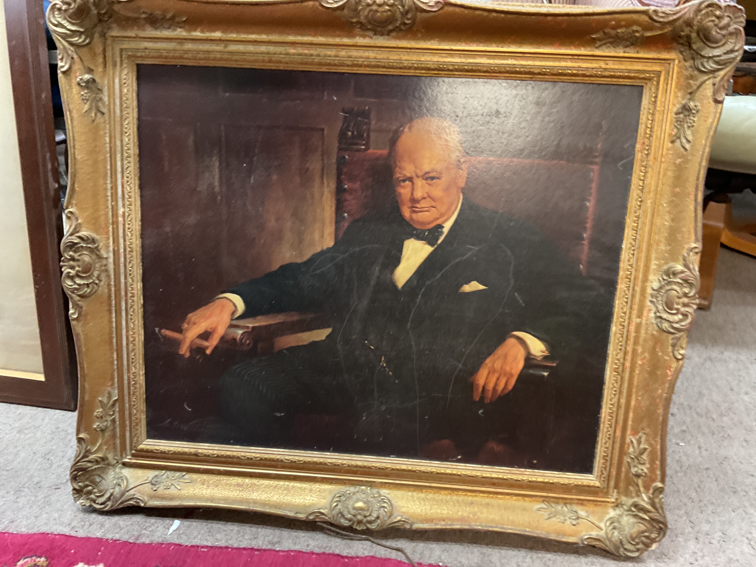 Gilt framed print of Winston Churchill with auto pen signature to the back.