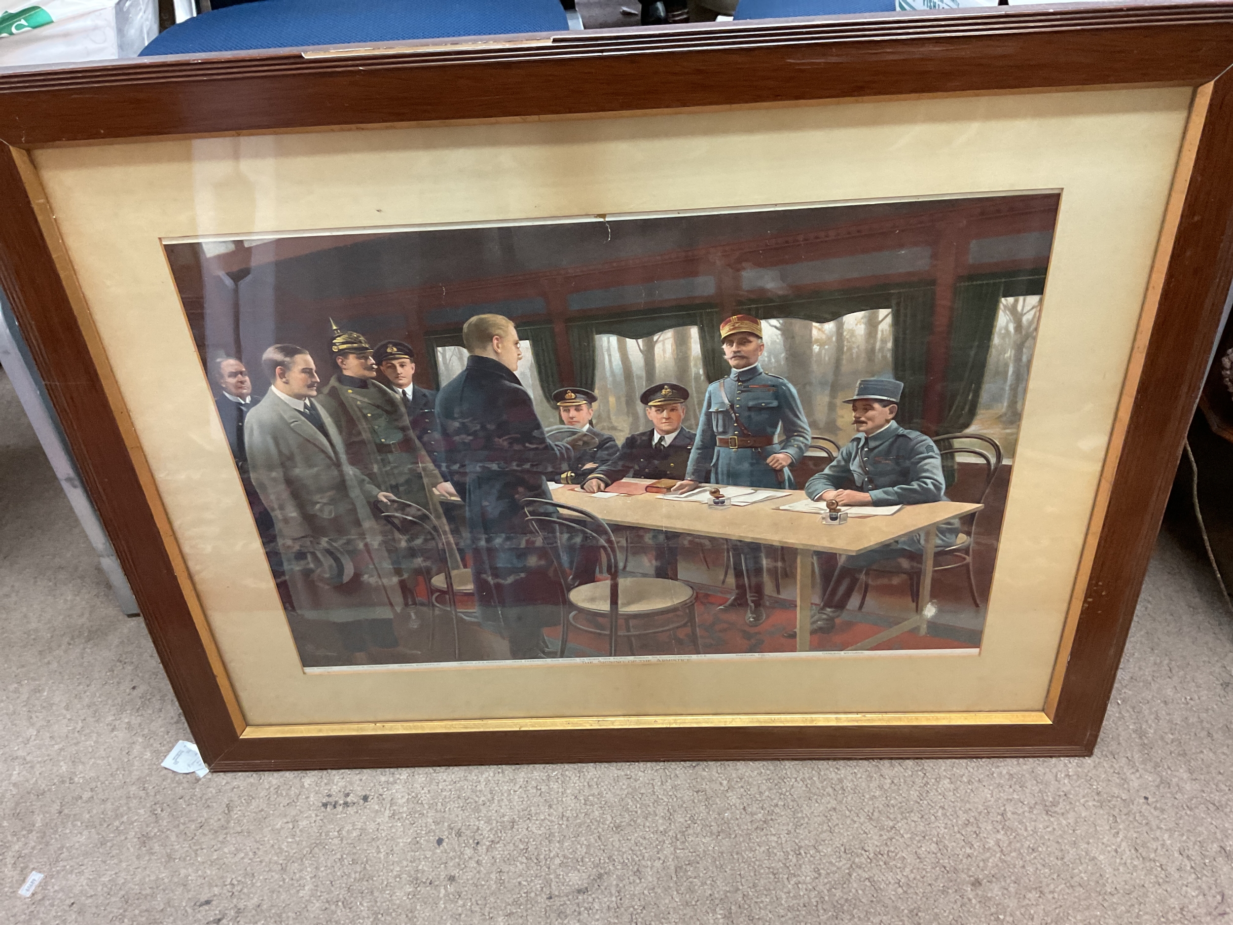 Framed and glazed WWI Print of the Treaty of Versailles being signed.