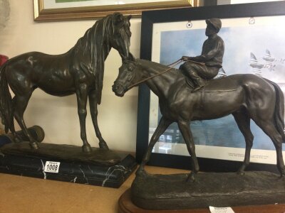Two bronzed figures of horses one with jockey 38 cm 35 cm .