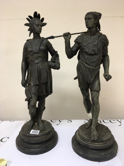 A Pair of interesting late 19th century  Spelter figures after the originals by Jean Jules Salmson studies of native Amerindians. Hight 60cm