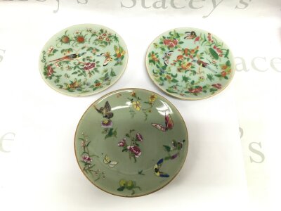 Three Canton porcelain wall plates, largest diameter approx 20cm.