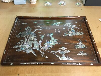 A Chinese rosewood and mother of pearl tray. Dimensions 56x38cm