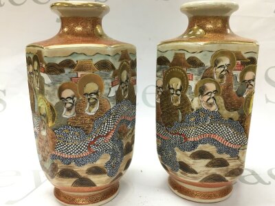 A pair of 19th century satsuma vases of hexagonal shape, 18cm tall