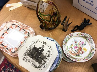 A collection of plates and three art glass ceramics- NO RESERVE