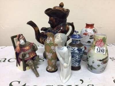 A 19th century treacle glazed toby tea pot Royal Doulton figure The Foaming Quart a Chinese crackle ware vase and other ceramics.