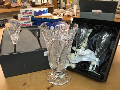Three Waterford Crystal items including boxed Love Flutes and a vase