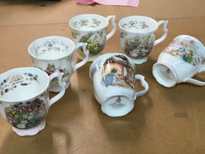 Six Royal Doulton Brambly Hedge mugs including Winter Beaker, The Wedding, Autumn etc