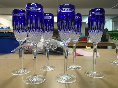 Six Waterford Crystal blue cobalt champagne flutes