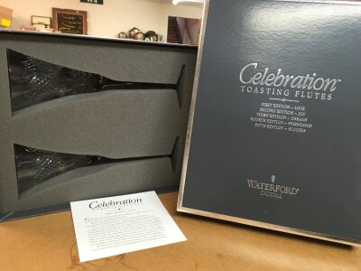 Two boxed sets of Waterford Crystal celebration toasting flutes- First Editions - Love