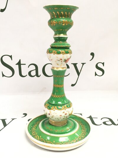 Rare porcelain Jacob Petit candlestick, featuring floral hand-painted panels and gilt embellishments.  25cm tall.