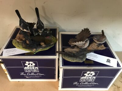 Two boxed Arden Sculptures pieces = 085 Wrens on a Log and 084 Pied Wagtails