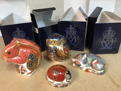 Four Royal Crown Derby boxed animals including catnip kitten, little owl, red squirrel and ladybird