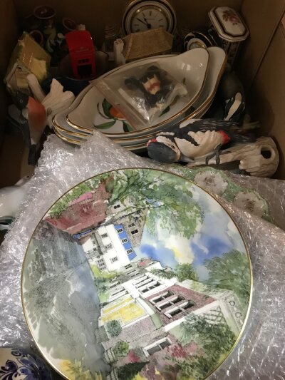 A box of mixed ceramics including decorative plates, birds etc