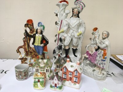 A collection of 19th century Victorian Staffordshire figures and cottages including pastel burners. With a Great War Souvenir A Present From Cockfield. and a cut glass bowl in a box.