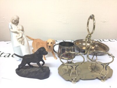 A Royal Doulton figure a Labrador dog a signed Doulton Reflection porcelain figure group silver plate and other ornaments.