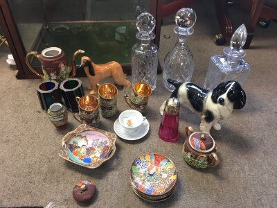A Collection of ceramics including a Beswick dog, three glass decanters , Staffordshire dog, leightons pottery vase, art glass ceramics etc
