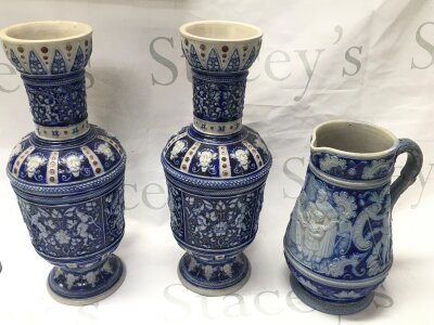 Two german stoneware vases and a jug 22 and 32cm tall