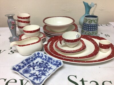 A blue and white Meissen dish StyleCraft mid 20th century design poker dot pattern part dinner service and other ceramics and glass