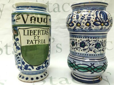 Two Italian albarelli pharmacy jars .  22cm tall