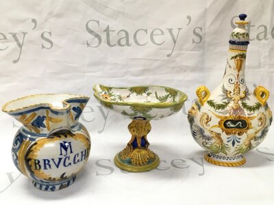 Three Italian maiolica pottery items including a pilgrim flask. 15 to 30cm tall