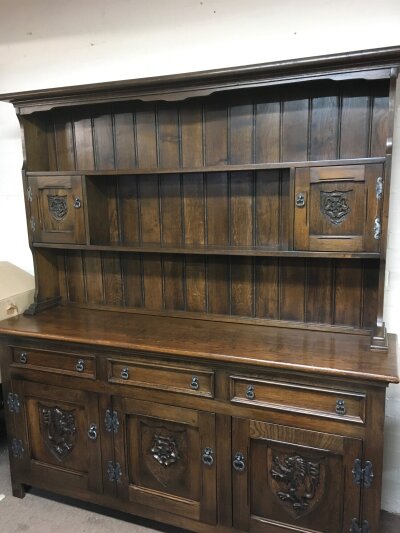 A Tudor inspired oak dresser. 166cm wide ,184cm tall, 45cm long