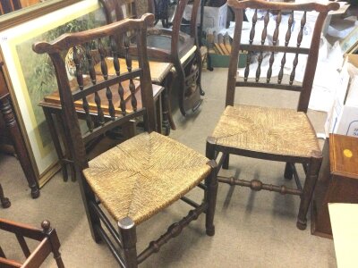 Two 19th century North Country chairs with rush seats, 94cm tall ,47cm wide, 40cm long- NO RESERVE
