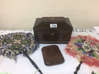 A William IV rosewood tea caddy with two sections two beadwork panels on turned wood supports and an alligator cigar case.