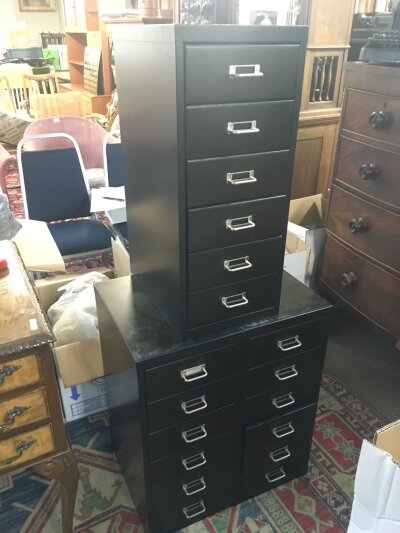 Three Metal filing cabinets. Dimensions 67cm tall 40cm deep