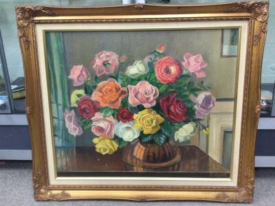 A modern still life framed oil on canvas painting by Robert Wyatt, depicting roses.dimensions 75x65cm