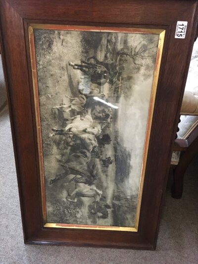 Two oak framed black and white prints by Lucy Kemp Welsh depicting horse round ups. 34cm x 65cm