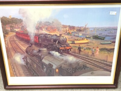 A framed limited edition print Leigh on Sea steam locomotives from city to sea old Leigh 1959 by Robin Pinnes. Dimensions 70x55cm