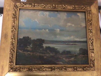 An interesting Early 19th century oil painting in a giltwood frame study across water lake or Loch possible painted En Plein Air. Unsigned unattributed the canvas cut and set in the frame 72x62cm